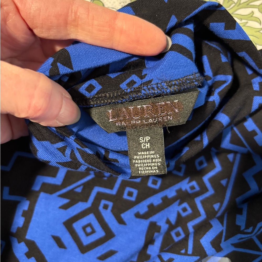 Lauren Ralph Lauren Fair Isle Stretch Jersey Blue & Black Pattern Turtleneck Top - Picture 2 of 8